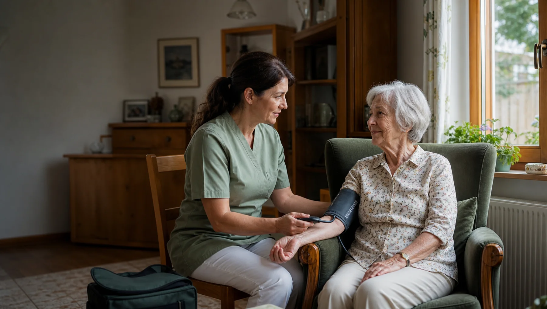 Eine ambulante Pflegekraft misst einer Seniorin bei einem Hausbesuch den Blutdruck.